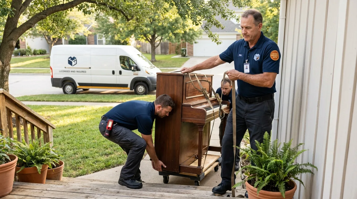 Licensed piano movers securing grand piano in Granby, MO